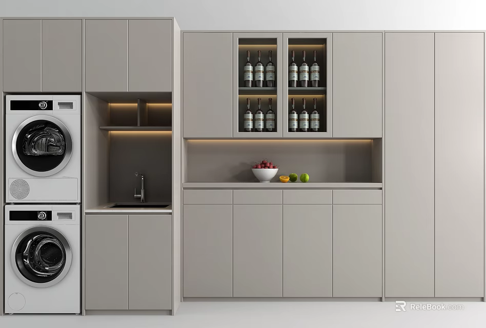 Modern Kitchen Design Featuring Built in Wine Cabinet With Wine Bottles And Washing Machine 3d model 