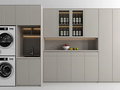 Modern Kitchen Design Featuring Built in Wine Cabinet With Wine Bottles And Washing Machine 3d model