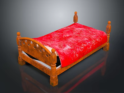 People Resting On Wooden Carved Bed With Red Patterned Mattress 3d model