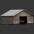 Rustic Wooden Barn Featuring White Roof Open Doorway And Crates Inside On Grass Dirt Base