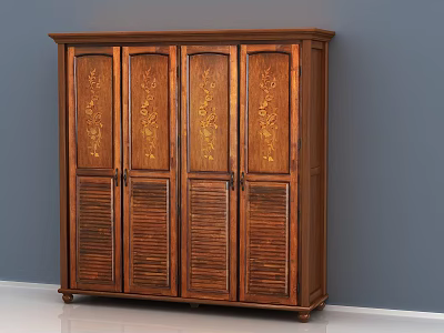 Traditional Dark Brown Wooden Wardrobe With Carved Details And Louvered Double Doors 3d model