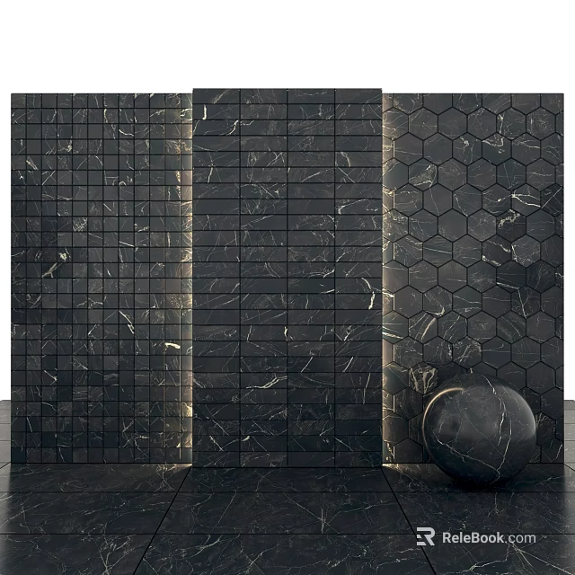 Black Marble Floor with Three Different Texture Patterns and Round Sphere 3d model