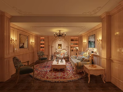 Luxurious Living Room Interior With Wooden Paneled Walls Chandelier Sofa Rug And Bookshelves 3d model