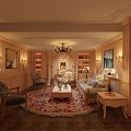 Luxurious Living Room Interior With Wooden Paneled Walls Chandelier Sofa Rug And Bookshelves