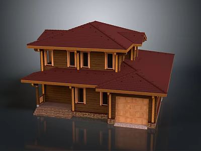 Two Story Detached House With Red Roof Wooden Exterior And Garage Door 3d model