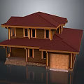 Two Story Detached House With Red Roof Wooden Exterior And Garage Door