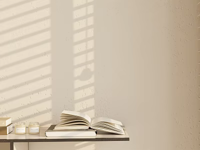 Open And Stacked Books On Table With Blinds Shadows On Beige Wall 3d model