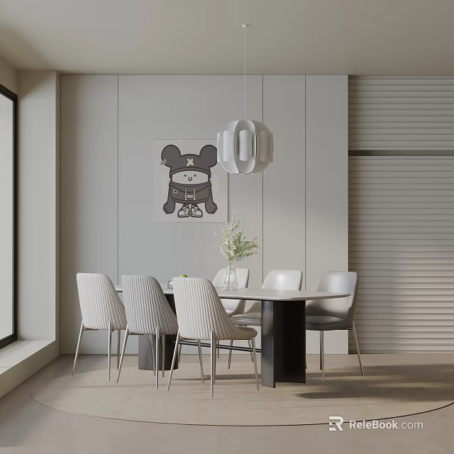 Modern Dining Table Set In Open Kitchen With White Chairs Pendant Light And Minimalist Wall 3d model 