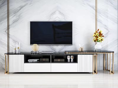 Modern TV Stand With Gold Metal Frame Marble Wall Background And Flower Vase 3d model