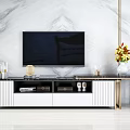 Modern TV Stand With Gold Metal Frame Marble Wall Background And Flower Vase