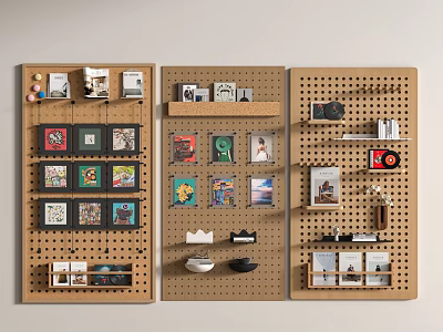 Brown Three Panel Pegboard Wall Decor With Photos Frames Small Decor Items 3d model
