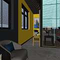 Modern Industrial Style Office Reception Space With Featured Brand Wall And Bright Yellow Lounge Chairs