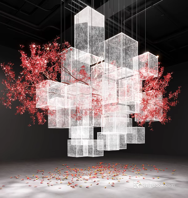 Art Installation Of Hanging Transparent Cubes With Red Cherry Blossom Branches And Scattered Petals 3d model 