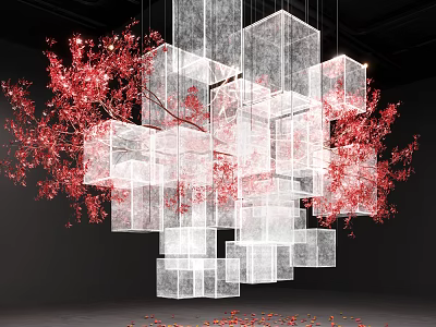 Art Installation Of Hanging Transparent Cubes With Red Cherry Blossom Branches And Scattered Petals 3d model