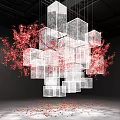 Art Installation Of Hanging Transparent Cubes With Red Cherry Blossom Branches And Scattered Petals