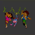 Cartoon Boy Swinging On Green Vines With Kids And Animal In Dark Gradient Background