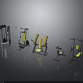 Complete Set Of Gym Fitness Equipment With Training Machines And Yellow Seats