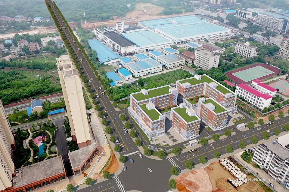 Aerial View of Modern School Campus Buildings With Green Rooftops Surrounding Roads and Sports Field 3d model 