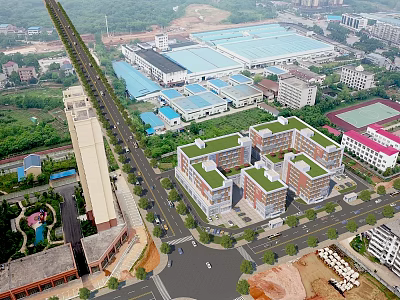 Aerial View of Modern School Campus Buildings With Green Rooftops Surrounding Roads and Sports Field 3d model