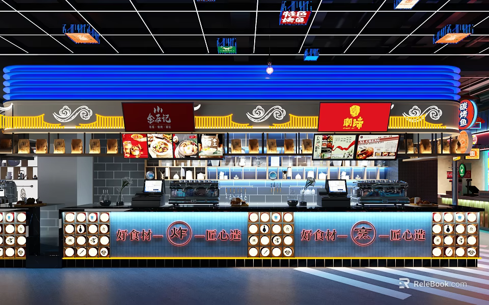 Traditional Chinese Restaurant Interior With Blue Yellow Decor Cloud Patterns Red Signage And Menu Counter 3d model 