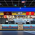 Traditional Chinese Restaurant Interior With Blue Yellow Decor Cloud Patterns Red Signage And Menu Counter