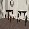 Two Modern Bar Stools With Dark Wood Black Legs And Metal Bars In Minimalist Interior