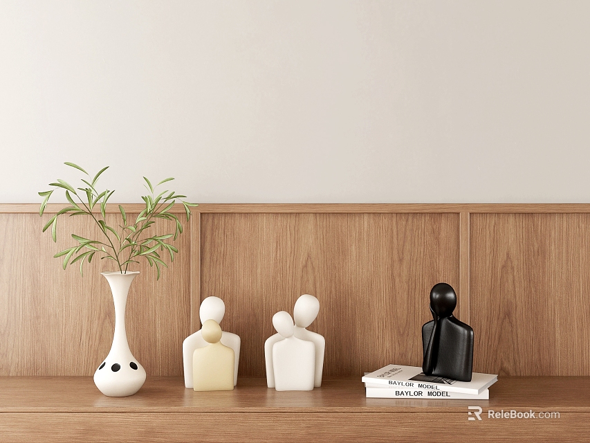 Decorative Ornament Set With White Vase Green Plant White And Black Figurines On Wooden Shelf 3d model 