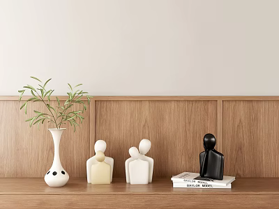 Decorative Ornament Set With White Vase Green Plant White And Black Figurines On Wooden Shelf 3d model