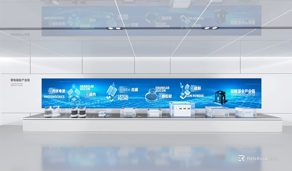 Modern Tech Exhibition Hall with Blue Background Device Icons Smart Products and Display Counters 3d model 