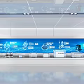 Modern Tech Exhibition Hall with Blue Background Device Icons Smart Products and Display Counters