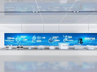 Modern Tech Exhibition Hall with Blue Background Device Icons Smart Products and Display Counters 3d model