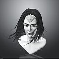 Woman with Long Black Hair and Diamond Forehead Detail 3D Model Portrait on Gray Background