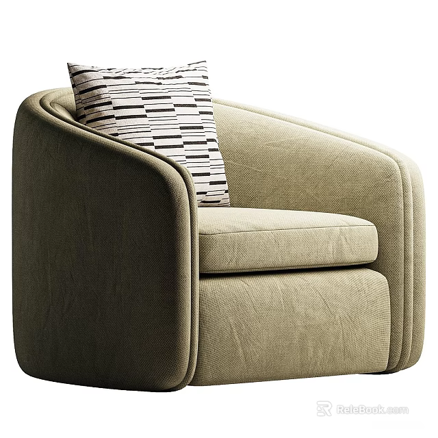 Beige Upholstered Single Sofa With Black And White Striped Decorative Pillow 3d model 