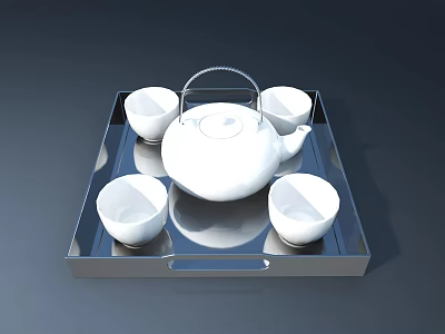 White Teapot And Four Cups Set On Silver Tray With Dark Background 3d model