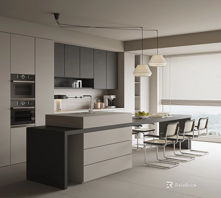 Modern Kitchen Interior With Gray Black Cabinets Island Counter Appliances Hanging Lights And Dining Chairs 3d model 