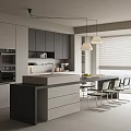 Modern Kitchen Interior With Gray Black Cabinets Island Counter Appliances Hanging Lights And Dining Chairs