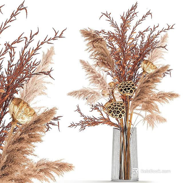 Dried Flowers Arrangement With Pampas Grass Lotus Pods In Clear Glass Vase 3d model 