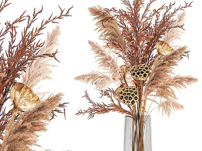 Dried Flowers Arrangement With Pampas Grass Lotus Pods In Clear Glass Vase 3d model