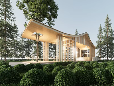 Garden Landscape Featuring Modern Wooden Pavilion With Curved Roof And Lush Greenery 3d model