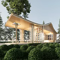 Garden Landscape Featuring Modern Wooden Pavilion With Curved Roof And Lush Greenery