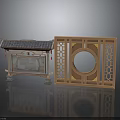 Traditional Chinese Architectural Elements With Circular Wooden Lattice And Tile Roof
