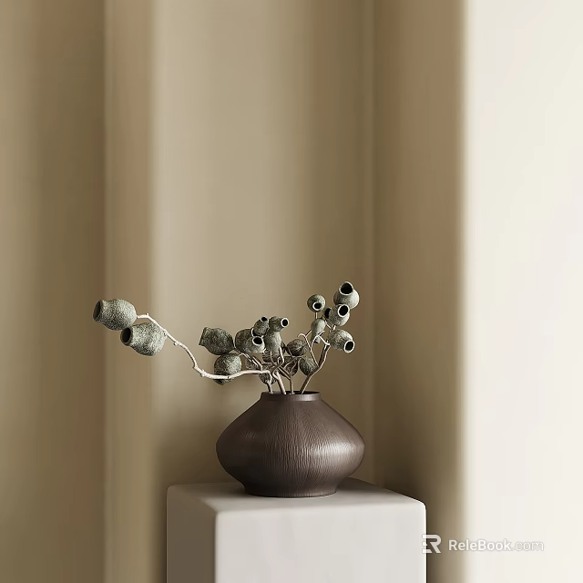 Brown Vase With Round Bud Branches on Beige Wall Background Table and Soft Natural Light 3d model 