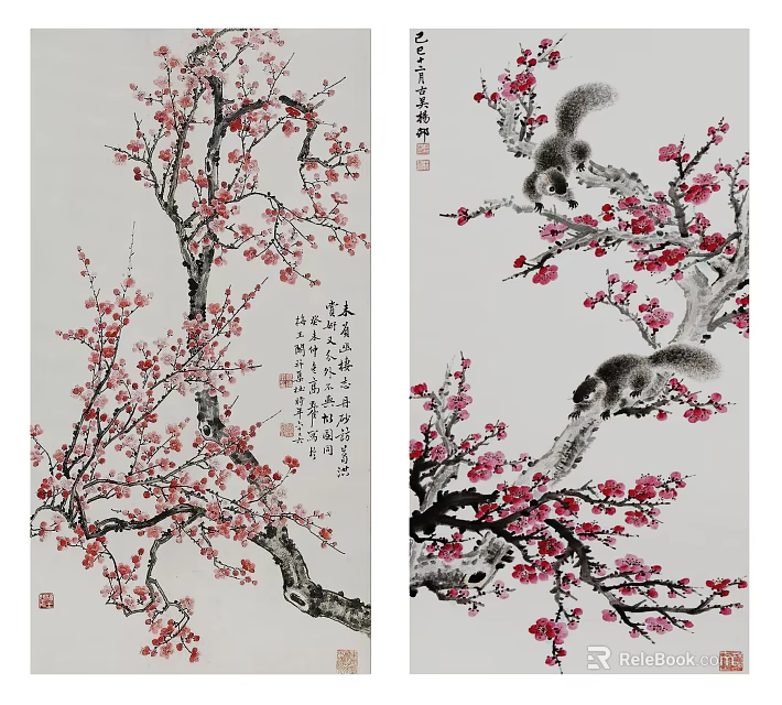 Abstract Painting Of Plum Blossoms With Squirrels On Branches In Traditional Style 3d model 