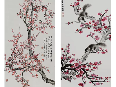Abstract Painting Of Plum Blossoms With Squirrels On Branches In Traditional Style 3d model