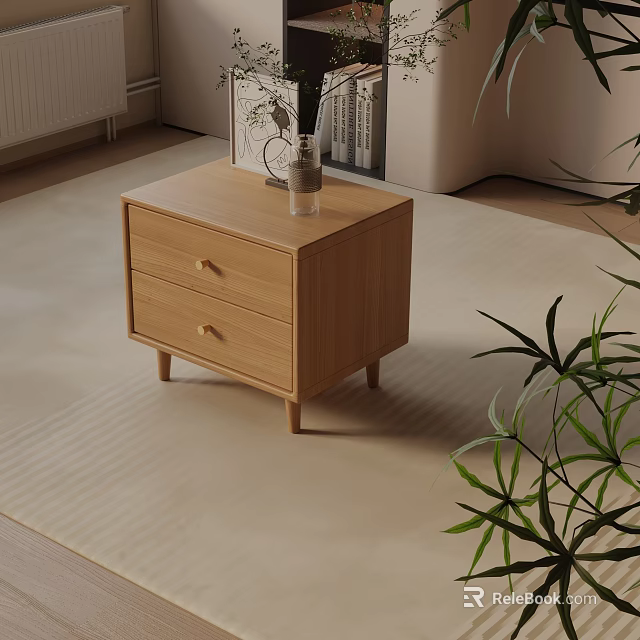Modern Wooden Nightstand With Two Drawers Gold Handles Vase Flowers And Books On Top 3d model 