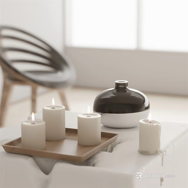 Modern Minimalist Indoor Candle Lamp With Lit Candles On Wooden Tray And Container 3d model 