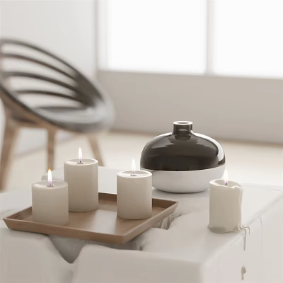 Modern Minimalist Indoor Candle Lamp With Lit Candles On Wooden Tray And Container 3d model
