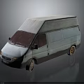 Light Green Vintage Van With White Roof Red Windshield Cover And Rusty Wheels