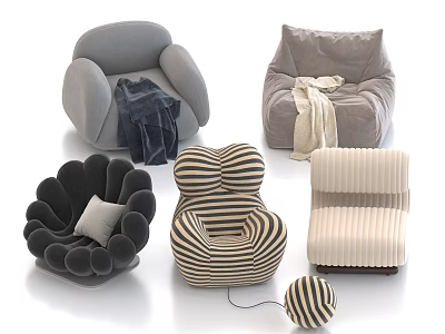 Stylish Single Sofa Designs with Gray Beige Black Striped Floral Shaped and Blanket 3d model