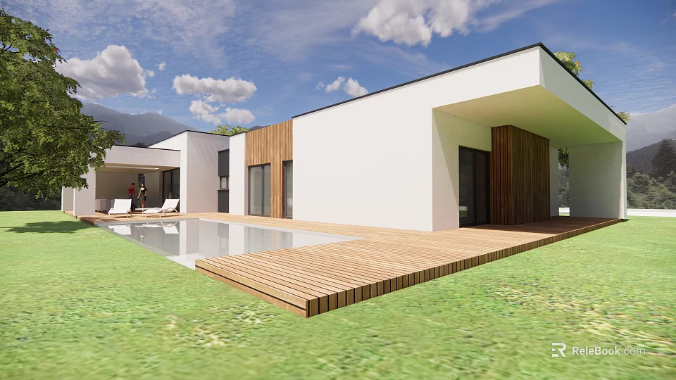 Modern Detached Villa With White Exterior Swimming Pool Wooden Deck And Mountain View 3d model 